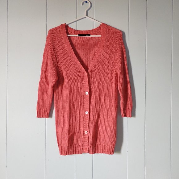 Kenneth Cole Select Linen Blend 3/4 Sleeve Button Front Coral Cardigan - Picture 1 of 5
